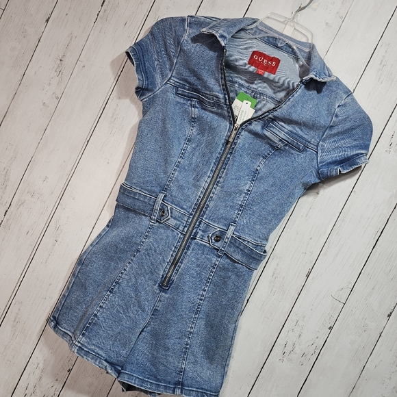 NWT GUESS Womens Blue Stretch Denim Romper Zip Front Belted Short Sleeve Size XS - Picture 3 of 11